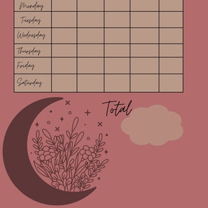 Pode incluir: Um rastreador de gorjetas mensal imprimível com uma grade marrom e um fundo rosa. O rastreador tem uma seção para cada dia da semana, de domingo a sábado, e um espaço para um total na parte inferior. O rastreador é decorado com uma lua crescente com flores e uma nuvem.