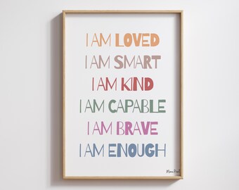 Affirmations for Kids, , Affirmations Poster, Homeschool Decor, I Am Kind Smart Loved,Classroom Posters, I Am Affirmations, Playroom Poster