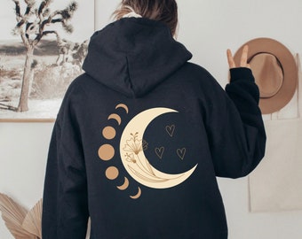 Moon Phases botanical hoodie, Mood Child hoodie, Celestial Hoodie, Heart Hoodie, floral hoodie, mood hoodie, back print, neutral colors