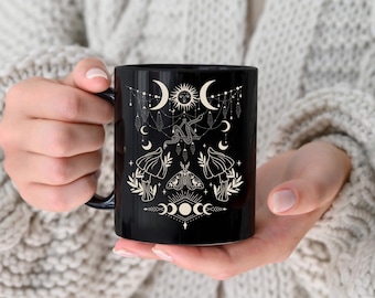Mystical Celestial Goblincore mug, Magical Moth mug,  mushroom tote, Crystal mug, moon phases mug, Goblincore aesthetic mug, moth mug