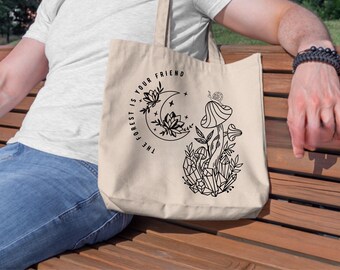 The Forest is your friend, Crystal mushroom Goblincore tote, mystical tote, botanical celestial tote