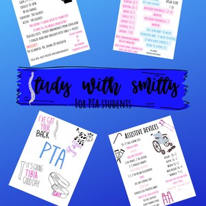 Puede incluir: Una gu&iacute;a de estudio colorida para estudiantes de Asistente de Fisioterapia. La gu&iacute;a presenta una ilustraci&oacute;n de la columna vertebral, una vaca y una silla de ruedas. El texto "Study with Smitty for PTA Students" est&aacute; escrito en negrita, en negro. La gu&iacute;a tiene 125 p&aacute;ginas.