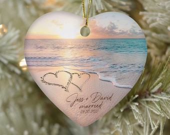 Beach Married Ceramic Ornament, Just Married Ornament With Names, Personalized Marriage Gift For Couple, Marriage Party Gift For Best Friend