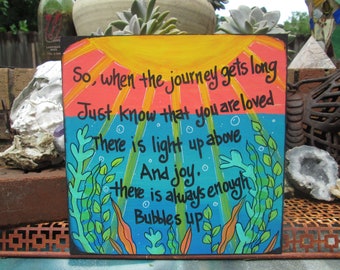 Bubbles Up song lyrics painting on 10 x 10" wood panel, underwater ocean scene, tropical sea wall decor, Bubbles Up Lyric Sign