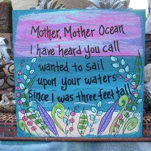 A Pirate Looks At Forty song lyrics painting on 10x10" wood panel, Mother Ocean I have heard you call, ocean beach painting, lyric wall art