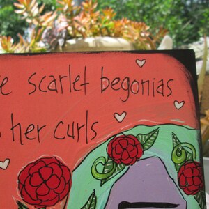 Scarlet Begonias song lyric painting on 10x10 wood panel, she wore scarlet begonias tucked in her curls not like other girls, 60s 70s rock image 3