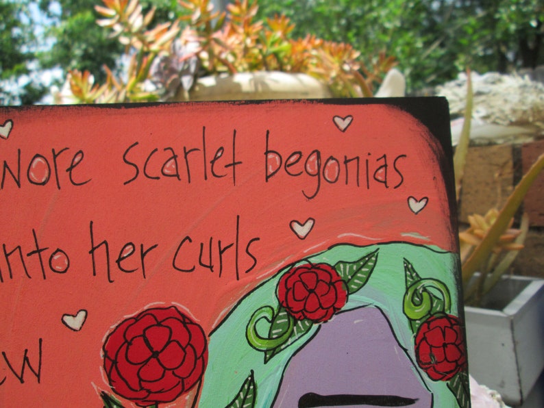 Scarlet Begonias song lyric painting on 10x10 wood panel, she wore scarlet begonias tucked in her curls not like other girls, 60s 70s rock image 3