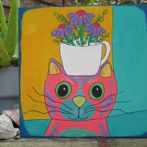 cat with a coffee mug with little flowers on its head painting, cute 10 by 10" art for someone who likes cats and coffee, original cat art