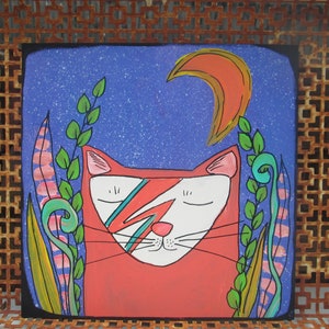 David Bowie kitty cat painting on 10 by 10" wood panel, Kitty Ziggy Stardust, David Bowie cat wall art, David Meowie Cat