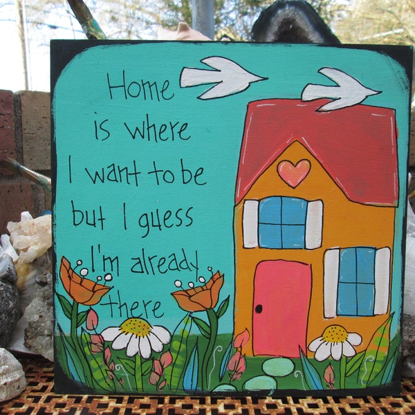 This Must Be The Place song lyrics painting on 10 by 10" wood panel, home is where I want to be, but I guess I'm already there, 1980's rock