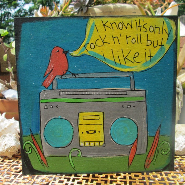 It's Only Rock And Roll lyrics painting on 10 by 10" wood panel, It's only rock n' roll but I like it, I love rock and roll quote, boombox