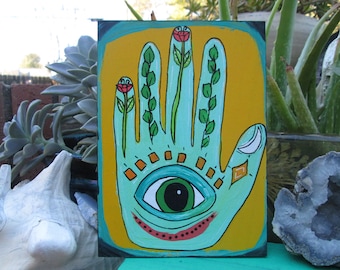 hand-painted Hamsa on 7 by 5" wood panel, Hamsa hand with evil eye, Mojo Hand, Hand of Fatima, painted hand with eye in palm, evil eye art