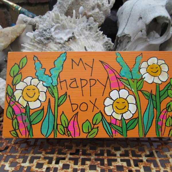 My Happy Box - Painted Pine Stash Box - 8 x 4 x 2 Inch Wooden Box with Hinged Lid and Front Clasp - Hand-Painted Stash Box - Trinket Box