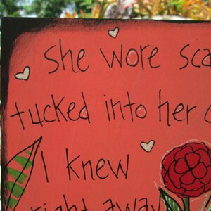 Scarlet Begonias song lyric painting on 10x10 wood panel, she wore scarlet begonias tucked in her curls not like other girls, 60s 70s rock image 2