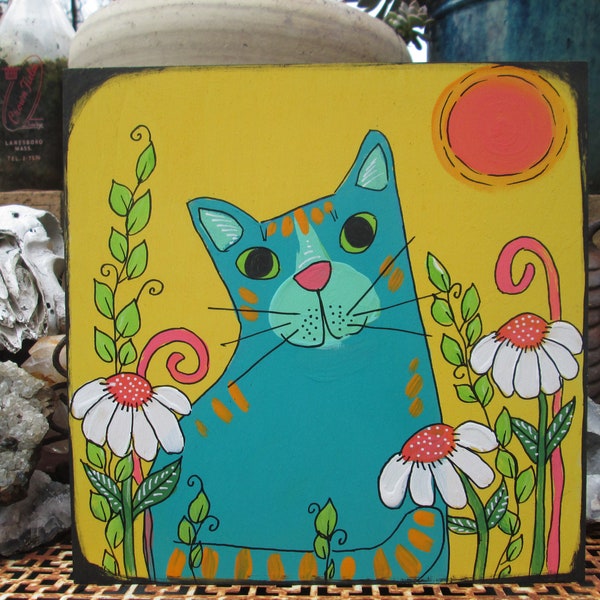 hand-painted folk art kit and daisies painting on 10 x 10" wood panel, cat original art, cat folk art, kitty cat wall art for cat person