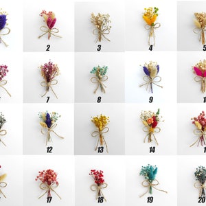 May include: Twenty small bouquets of dried flowers tied with twine. Each bouquet features a different combination of colors and dried flowers, including white, pink, purple, blue, yellow, and red.