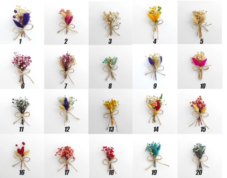 May include: Twenty small bouquets of dried flowers tied with twine. Each bouquet features a different combination of colors and dried flowers, including white, pink, purple, blue, yellow, and red.