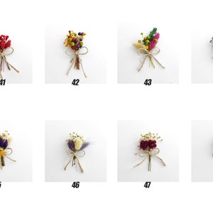 May include: Eight small bouquets of dried flowers tied with twine. The bouquets are arranged in two rows of four. The flowers are in various colors, including red, yellow, purple, and white.