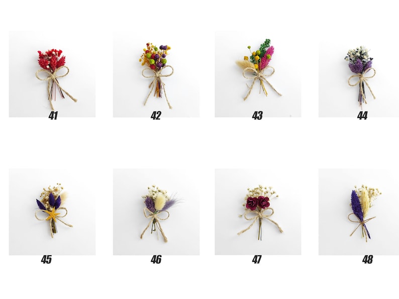 May include: Eight small bouquets of dried flowers tied with twine. The bouquets are arranged in two rows of four. The flowers are in various colors, including red, yellow, purple, and white.