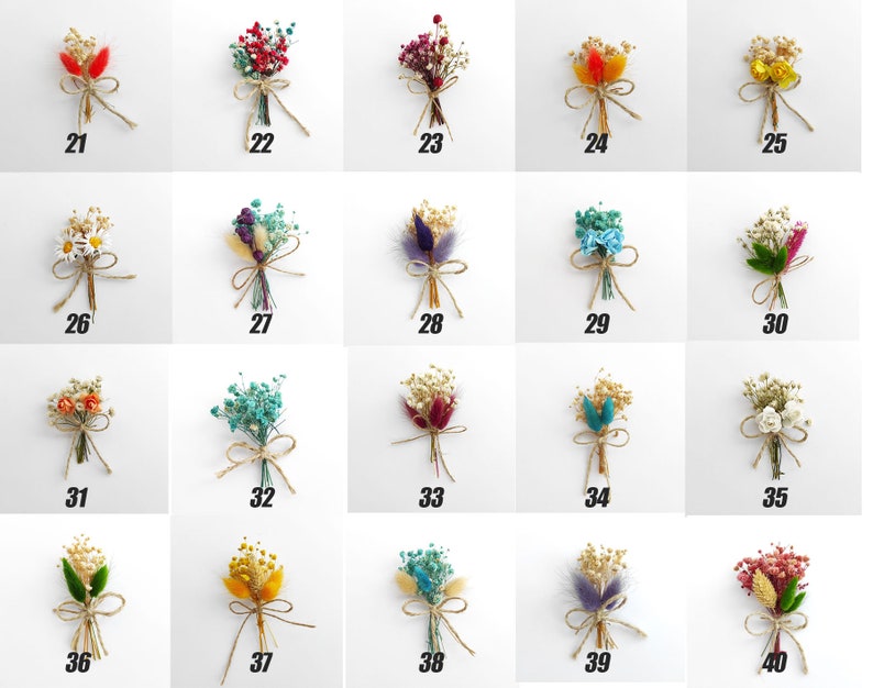 May include: A collection of 40 small bouquets of dried flowers, each tied with twine and numbered 21 through 40. The bouquets are arranged in a grid pattern on a white background.