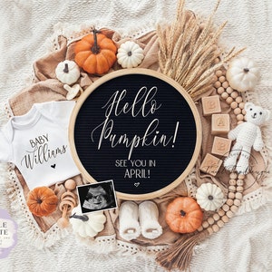 Fall Pregnancy Announcement Digital\ Autumn\ Editable template\ Social media\ Baby Announcement \ Neutral \ Hello Pumpkin