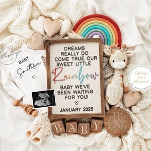 Annuncio di gravidanza del bambino arcobaleno, Annuncio del bambino, Download digitale, Rivelazione sui social media, Modello modificabile, Piccolo arcobaleno, Giraffa