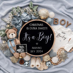 Boy Christmas Pregnancy Announcement: Blue Teddy, Editable Template (Digital Download)
