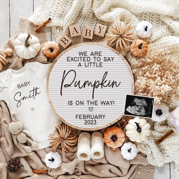 Fall Pregnancy Announcement Digital Gender Neutral Baby Announcement Social Media Reveal Boy Girl Instant Editable Template Little Pumpkin