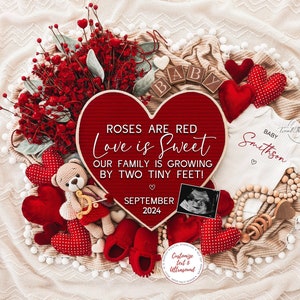 Día de San Valentín Anuncio de embarazo Anuncio digital de bebé Redes sociales Plantilla editable Tablero de cartas Familia creciendo Dos pies Cupido