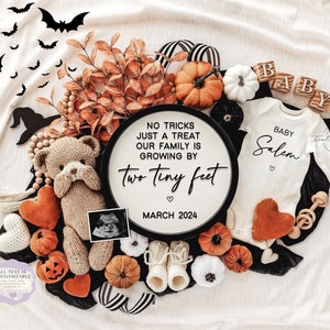 Halloween Pregnancy Announcement Digital Fall Baby Announcement Spooky Editable Template Instant Download Gender Neutral  Two Tiny Feet