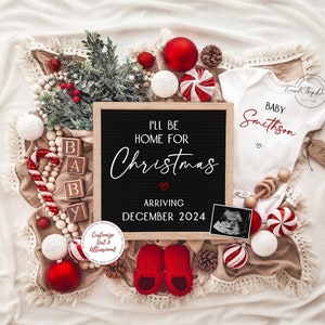 Christmas Pregnancy Announcement, Digital Baby Announcement, Instant Editable Template, Gender Neutral Reveal, I'll Be Home For Christmas