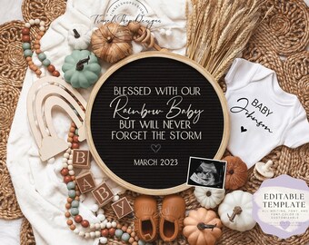 May include: A black letter board with the text "Blessed with our Rainbow Baby but will never forget the storm" and "March 2023".  A wooden rainbow, a baby onesie with the text "Baby Johnson", and a sonogram are arranged around the letter board.  The background is a white blanket with brown woven mats.