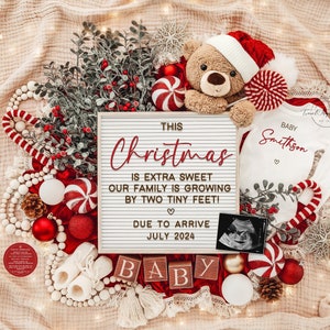 Christmas Pregnancy Announcement Holiday Digital Baby Announcement Editable Template Instant Download Girl Gender Growing Two feet