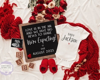May include: A pregnancy announcement with a letter board that reads "Love is in the air and we have big news to share. We're expecting! Due August 2023". There is a white onesie with the text "Baby Jackson" and a red heart. There are red roses, a red blanket, and wooden blocks that spell "Baby".