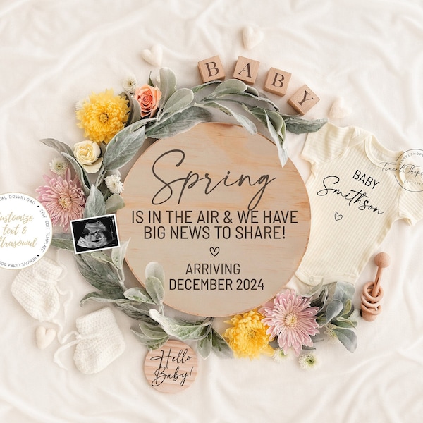 Spring Pregnancy Announcement Digital, Spring Baby Announcement, Boho Editable Template, Spring is in the air