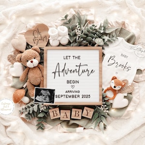 Pregnancy Announcement Template, Digital Baby Announcement, Adventure Pregnancy Reveal, Ediable Template, Instant Download, Woodland Fox
