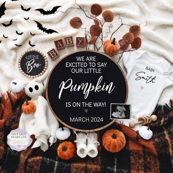 Halloween Pregnancy Announcement Digital Fall  Baby Announcement Spooky Editable Template Instant Download Gender Neutral Baby Pumpkin
