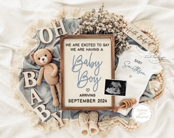 Boy Pregnancy Announcement, Digital Baby Announcement, Gender Reveal Ideas, Instant Download, Teddy Bear, Social Media Reveal, Baby Boy,