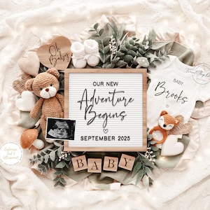 Pregnancy Announcement Template, Digital Baby Announcement, Woodland Pregnancy Reveal, Ediable Template, Instant Download, Adventure Begins