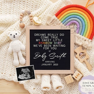 Regenbogen Baby |  Zum Selberbearbeiten | Digitale Schwangerschaftsmitteilung | Geschlechtsneutral | Für soziale | Bearbeitbare Vorlage | Süßer Regenbogen