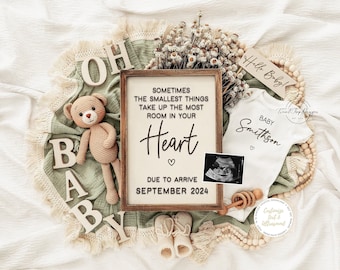 Pregnancy Announcement Digital, Spring Baby Announcement, Pregnancy Reveal Ideas, Instant Download, Green, Teddy Bear, Instagram, Boho baby