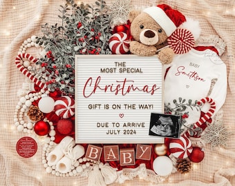 May include: A festive Christmas-themed announcement with a teddy bear wearing a Santa hat, a letter board with the text "The Most Special Christmas Gift is on the Way!" and a baby sonogram. Includes baby clothes and decorative elements.