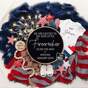 Fourth of July Digital Pregnancy Announcement, Neutral Baby Announcement, 4th Editable Template, Social Media, Little Firecracker!