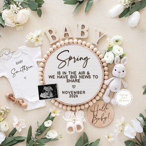 Spring is in The Air, Digital Baby Announcement, Pregnancy Announcement, Floral Gender Neutral Template, Social Media Reveal, March Reveal