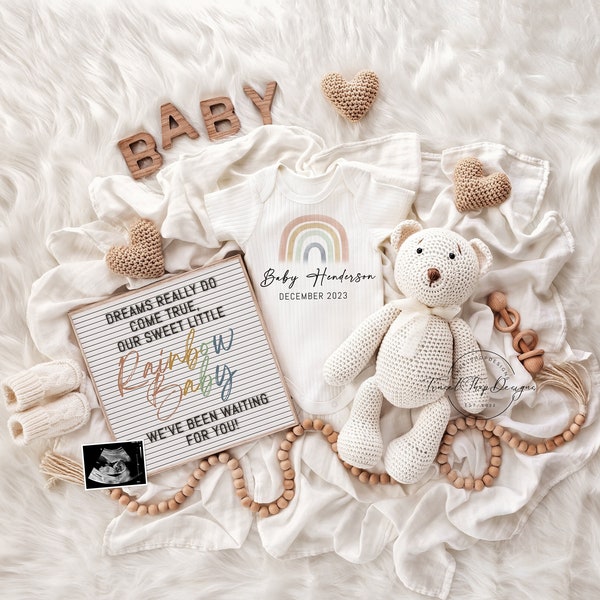 Rainbow Baby, Digital Pregnancy Announcement, Gender Neutral Baby Announcement, Downloadable Editable Template, Teddy Bear Reveal, Rainbow