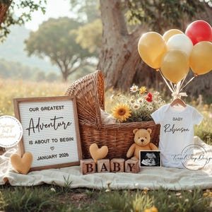 Annuncio di gravidanza di Winnie-the-Pooh, Annuncio digitale del bambino, Modello modificabile, Download immediato, Bambino estivo, La più grande avventura