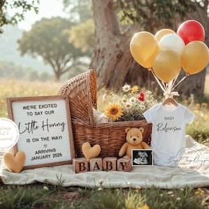 Annuncio di gravidanza di Winnie the Pooh, Annuncio digitale del bambino, Modello modificabile, Download immediato, Annuncio del bambino in estate, Piccolo tesoro,