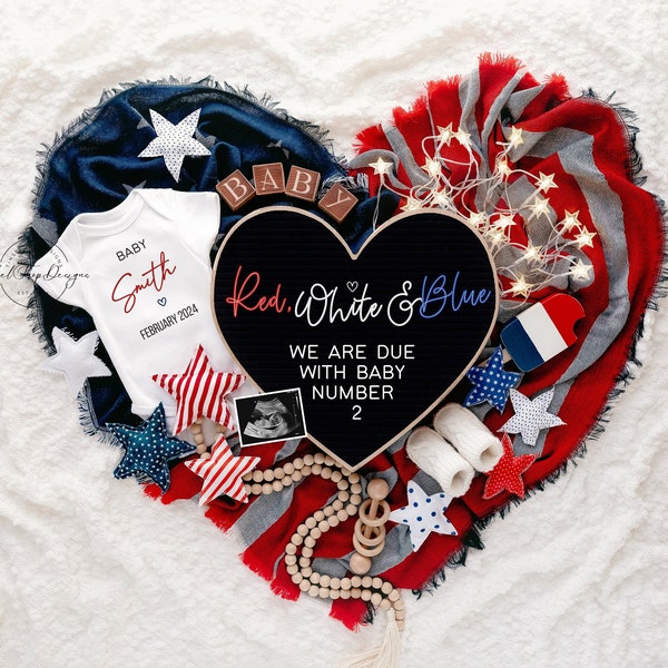 Fourth of July Digital Pregnancy Announcement, Heart Gender Neutral Baby Announcement,  Editable Template Social Media, Red White Due Baby 2