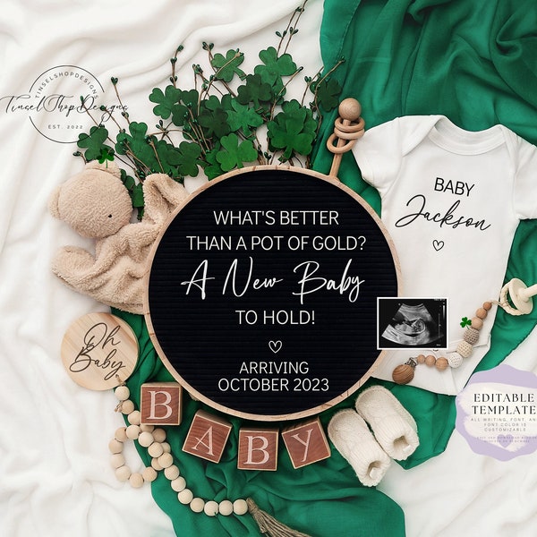 St. Patrick's day Digital Pregnancy Announcement\ Baby Announcement \ Editable Template\ Pregnancy Reveal \ Better than a pot of gold