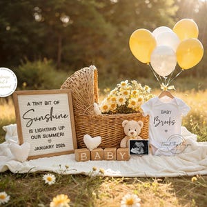 Sommer-Schwangerschaftsankündigung, digitale Babyankündigung, sofortiger Download, bearbeitbare Vorlage, kleiner Sonnenschein, Blumenbaby enthüllen, Sonnenschein